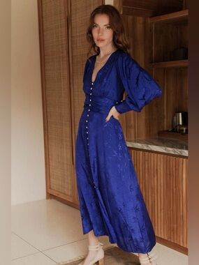 ELF Juliette Pearl Button Midi Dress Royal Blue Balloon Sleeve XL NWT